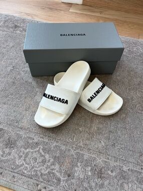 Balenciaga White Slide Sandals with Black Logo with box and receipt